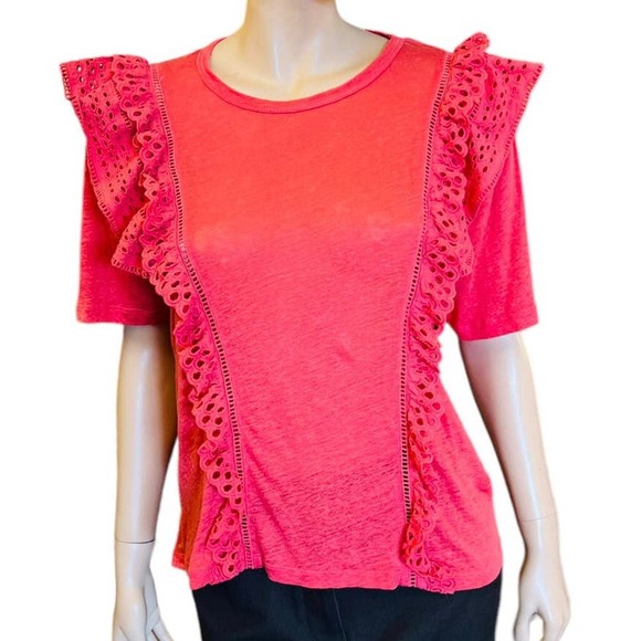 Veronica Beard Jeans Ruffle Linen Women Prema Eyelet Shirt Top Coral Pink Sz M - Picture 1 of 7